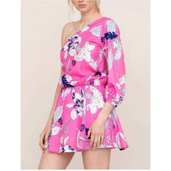 Anthropologie Yumi Kim NEW Pink Eastern Garden Floral One Shoulder Mini Dress L - Picture 9 of 14